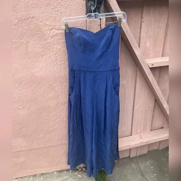 Milly Women’s Strapless Sandwashed Silk Jumpsuit Wide Cropped Leg Navy - Picture 2 of 7